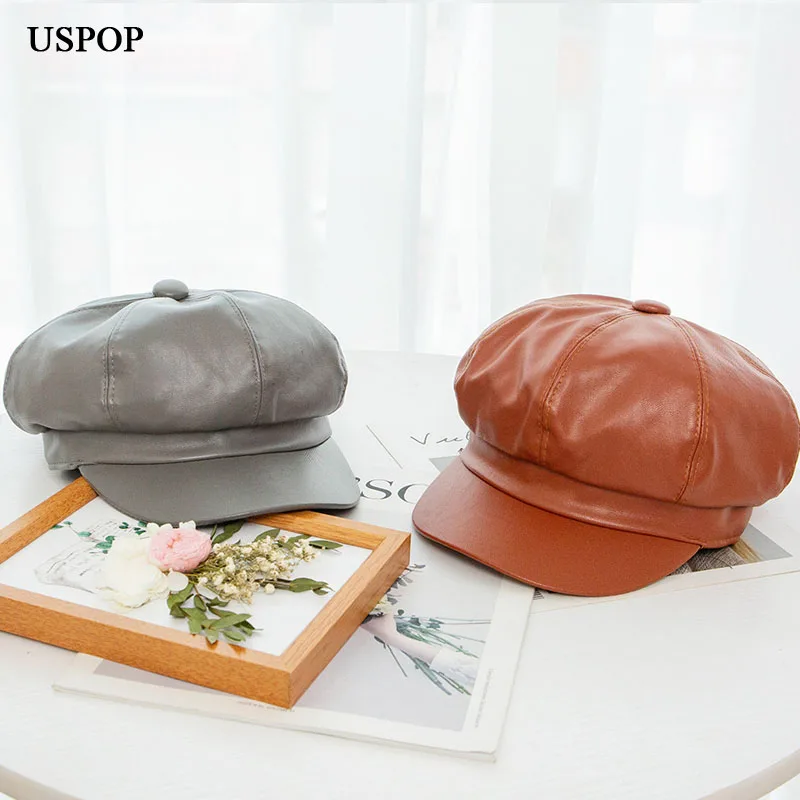 USPOP 2019 новые Восьмиугольные шляпы для женщин модные однотонные ПУ шапки осенние