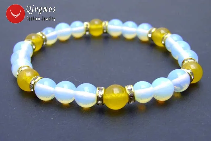 

Qingmos Trendy Opal Bracelets for Women with 8mm Blue Round Opal and 8mm Round Yellow Jades 8'' Bracelet Fine Jewelry Bra324