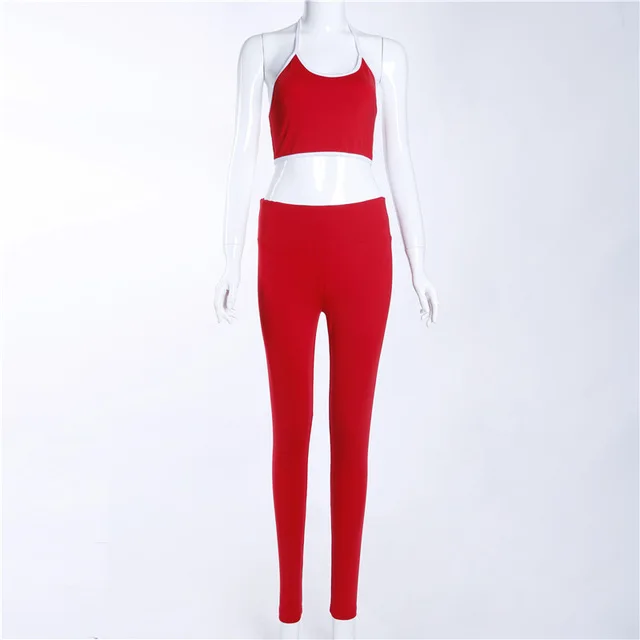 Red SALSPOR, сексуальные спортивные комплекты, для женщин, пуш-ап, высокая талия, тонкая посадка, комплект из двух предметов, висящий на шее Топ, одноцветная Спортивная одежда для женщин - Цвет: Red