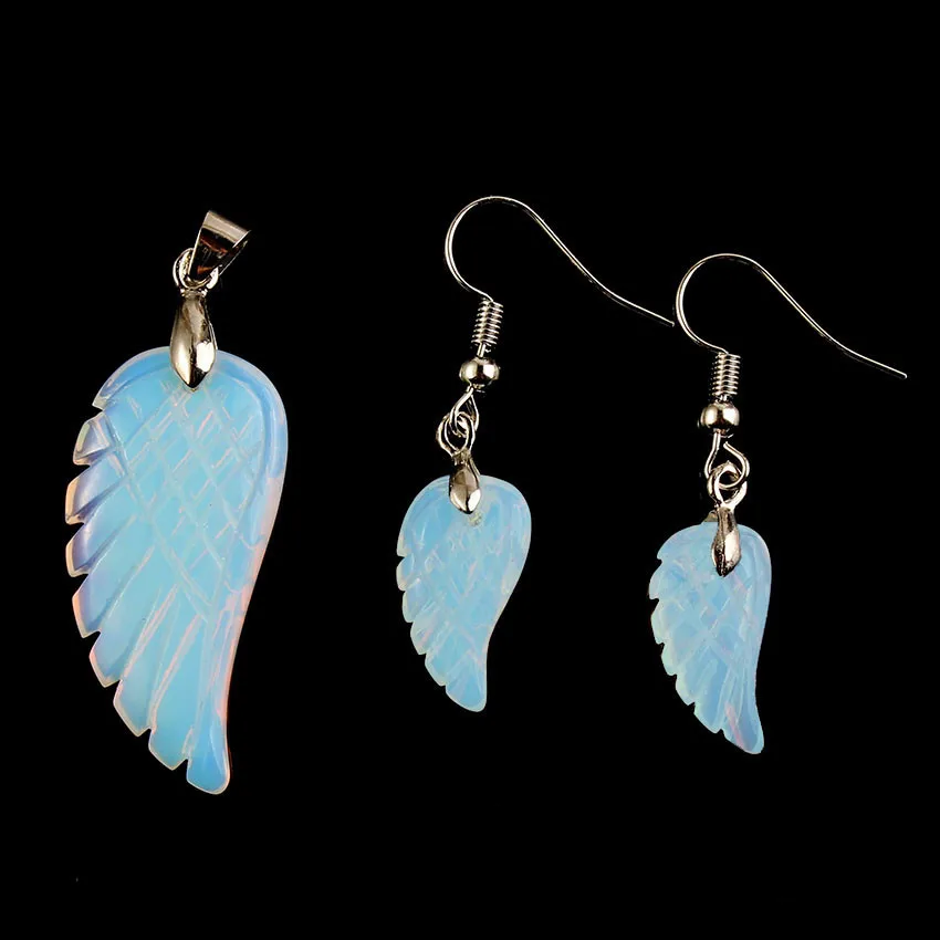 

100-Uniqe 1 Set Silver Plated Angel Wing Opalite Opal Pendant Hanging Earrings Modern Jewelry Set