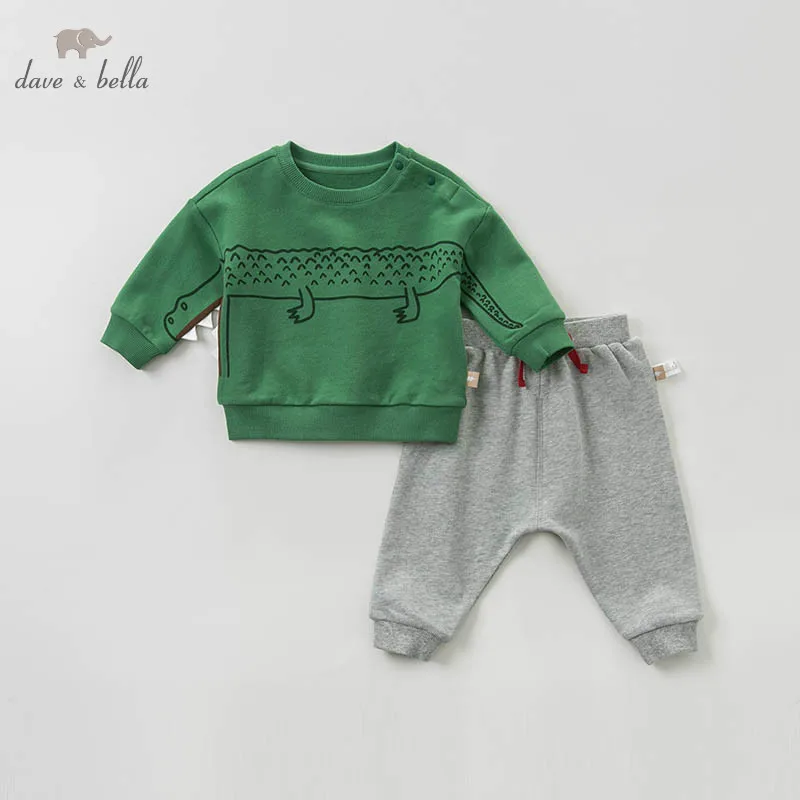 DBA9575 dave bella spring baby boys fashion crocodile print sets kids long sleeve clothing children 2 pcs suit | Детская одежда и