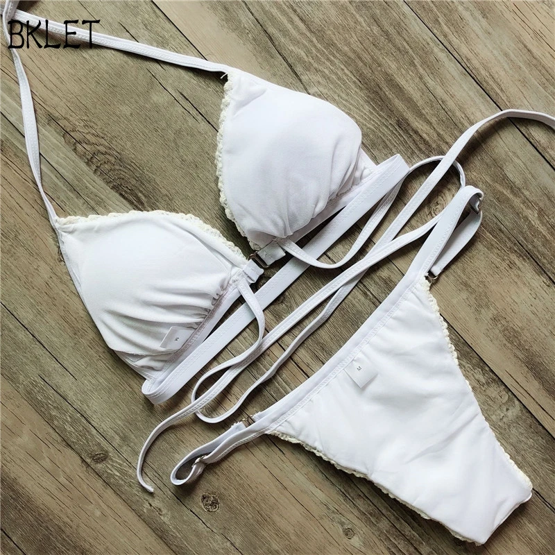 

2018 Bikini Summer Sexy White Mesh Bikini Set Metal Swimwear Women Back Tie Swimsuits Brazilian Nets Yarn Solid Low Waist Bikini