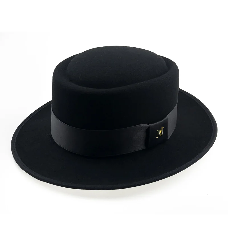 Black Pork Pie Hat 60 см фетровая шляпа для мужчин, осенняя фетровая шляпа из свинины, крушаемая шапка, зимняя фетровая шляпа Walter, Ретро стиль, Классическая церковная шляпа Trilby YY18110 - Цвет: Black Pork Pie Hat