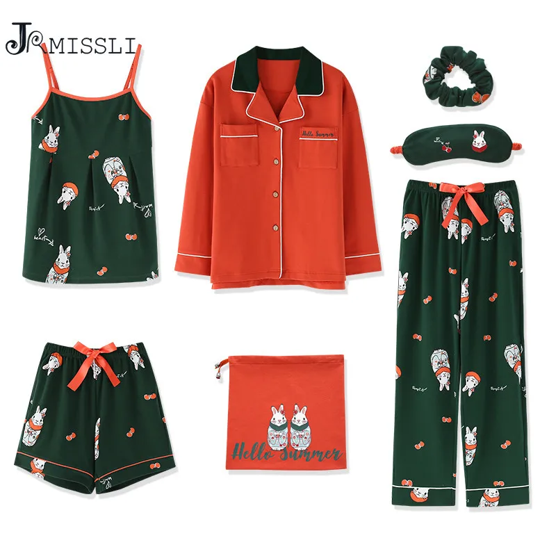 JRMISSLI женская пижама из хлопка 7 предметов комплект сексуальная для сна красная