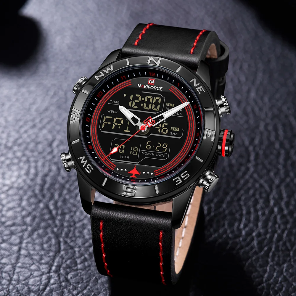 NAVIFORCE 9144 модные золотые мужские спортивные часы мужские s светодиодный аналоговые цифровые часы армейские военные кожаные кварцевые часы Relogio Masculino