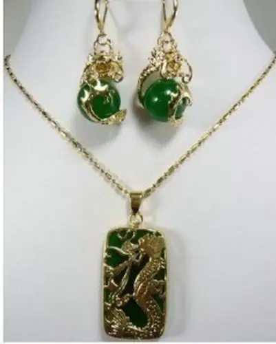 Ювелирные изделия 001446 Очаровательная Зеленый нефрит Дракон Подвеска комплект