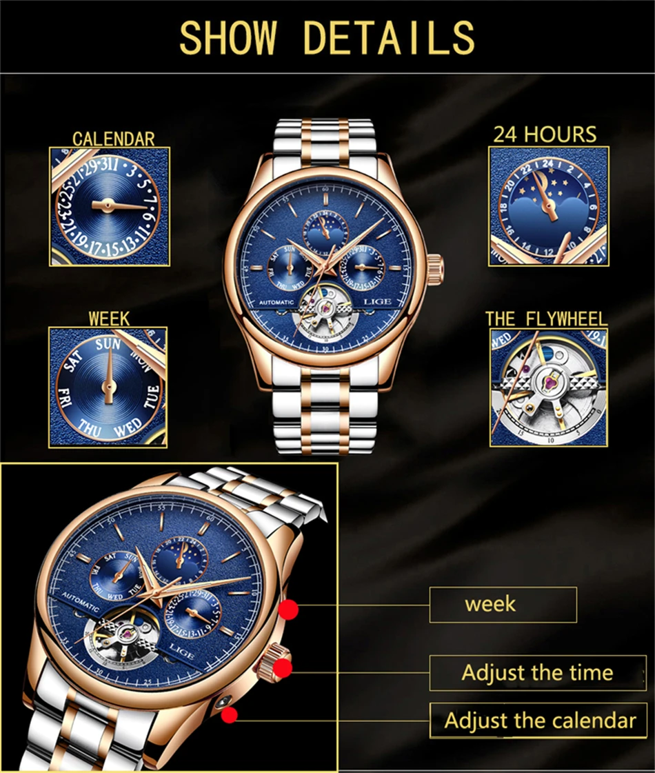 LIGE Брендовые мужские часы автоматические механические часы Tourbillon спортивные часы кожаные повседневные деловые часы в ретро-стиле Relojes Hombre
