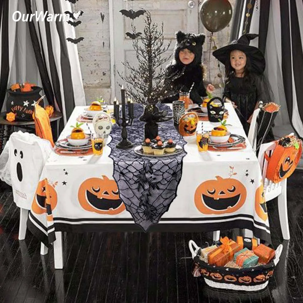 

Ourwarm 10pcs Black Leaf Lace Spider Web Tablecloth Props Horror Table Runners Home Table Halloween Decorations Party Supplies