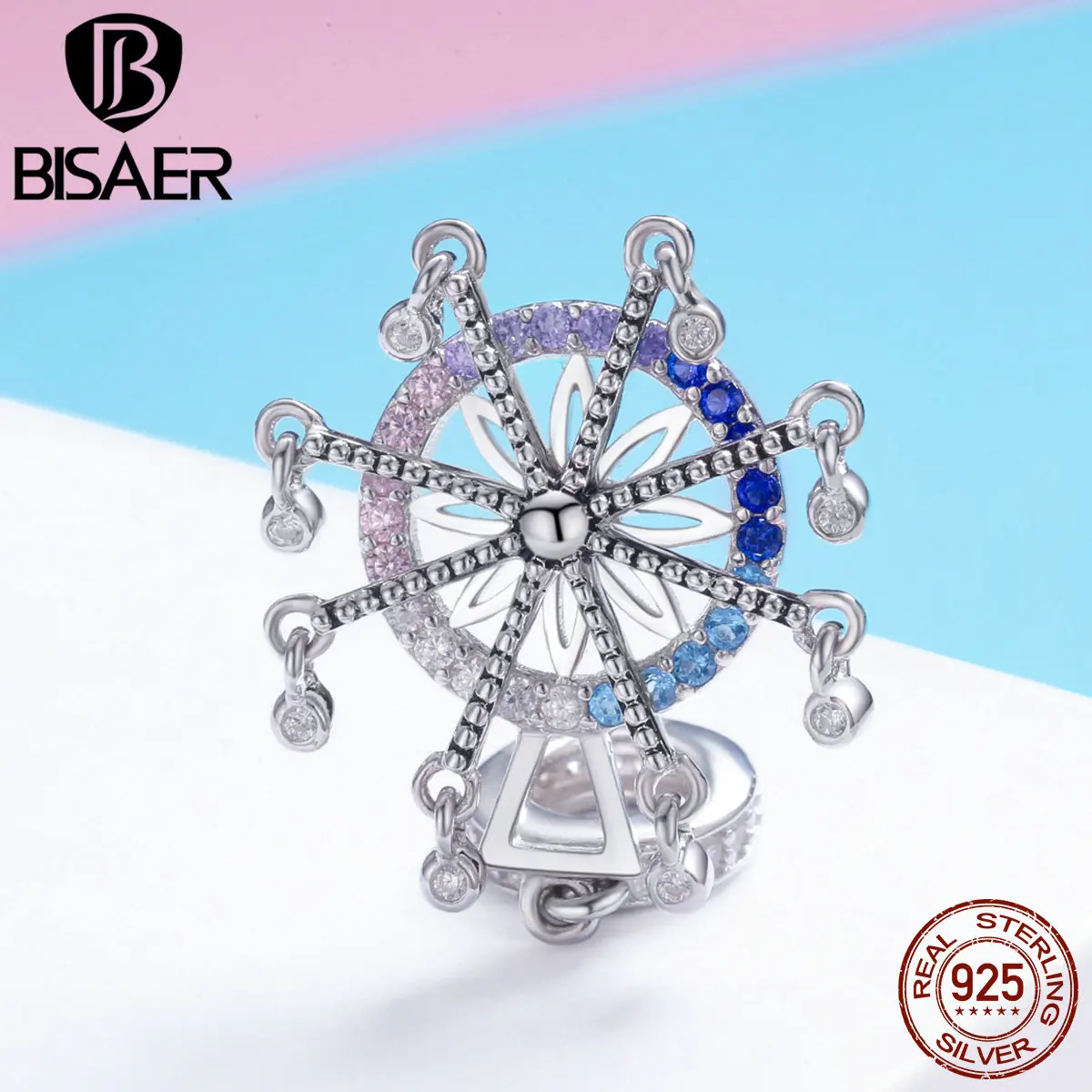 BISAER, новая коллекция, 925 пробы, Серебряное колесо обозрения, красочные эмалированные бусины, подходят для женщин, браслеты, сделай сам, ювелирные изделия ECC869