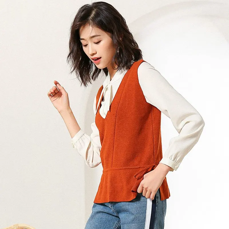 Женский вязаный жилет с кулиской шерстяной v-образным вырезом свитер без рукавов