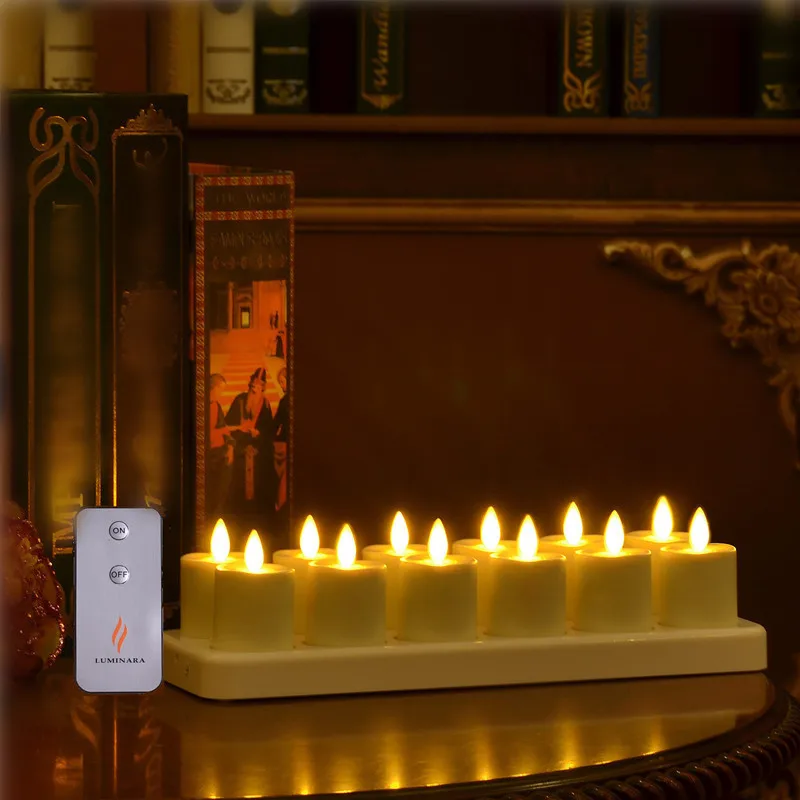 Набор из 12 беспламенных аккумулируемых свечей с подвижным светодиодным пламенем и пультом дистанционного управления для свадебного и рождественского декора.