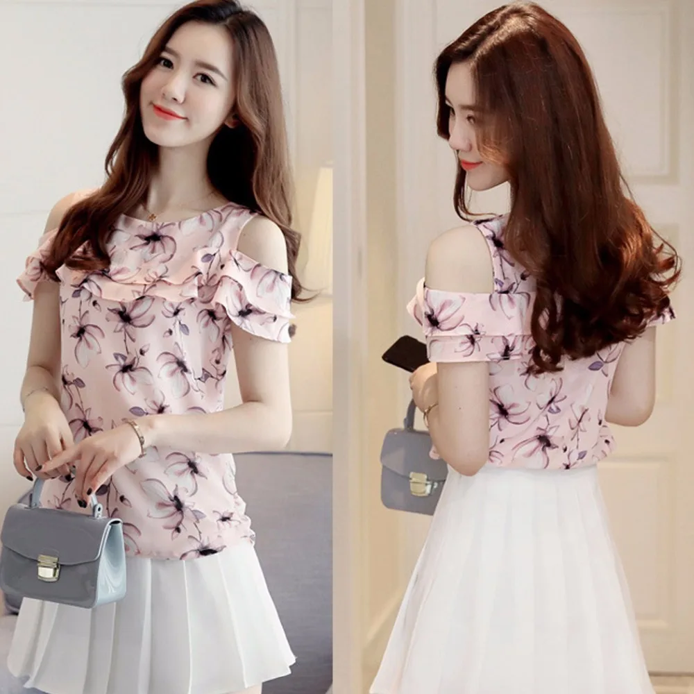 Корейская мода блуза со спущенными плечами короткий рукав блузка женская