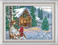 winter cabin cross stitch kit bird 14ct pattern printed on canvas dmc embroidery dreamcreate needlework craft supplies material