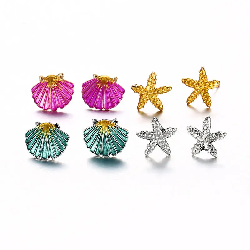 

Miss JQ 4 Pairs/Set Colorful Alloy Starfish Shell Stud Earrings for Women Bohemian 2020 Summer Beach Jewelry Accessories