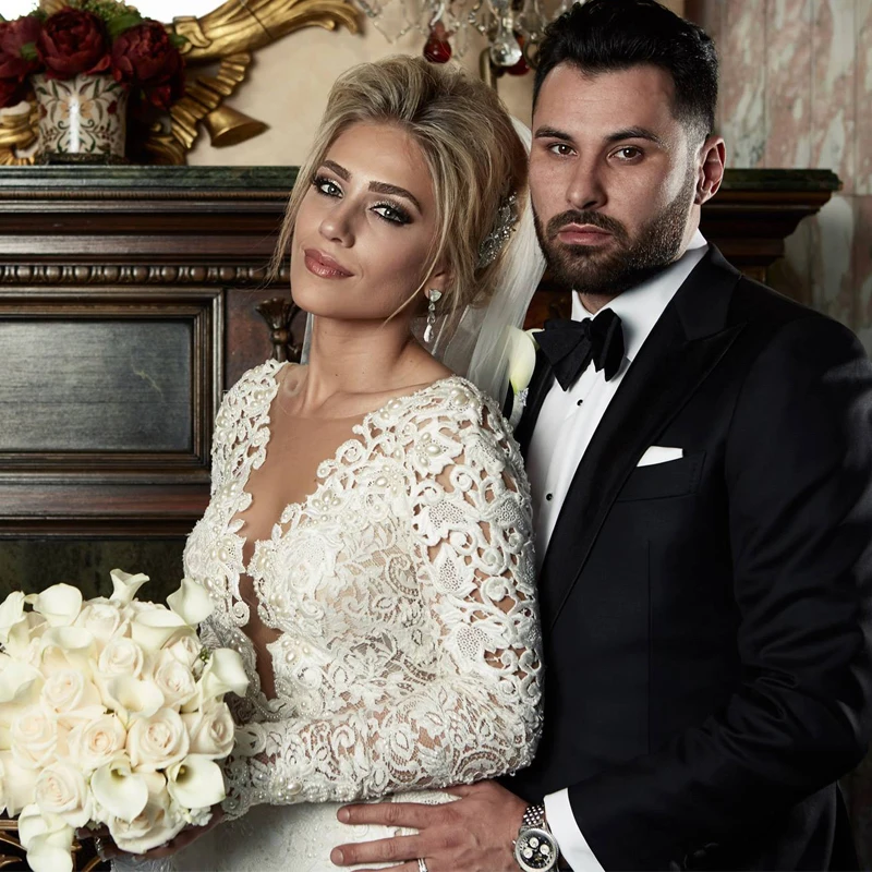 

Long Sleeves Vestido De Noiva Muslim Wedding Dresses Mermaid Lace Pearls Backless Boho Dubai Arabic Wedding Gown Bridal