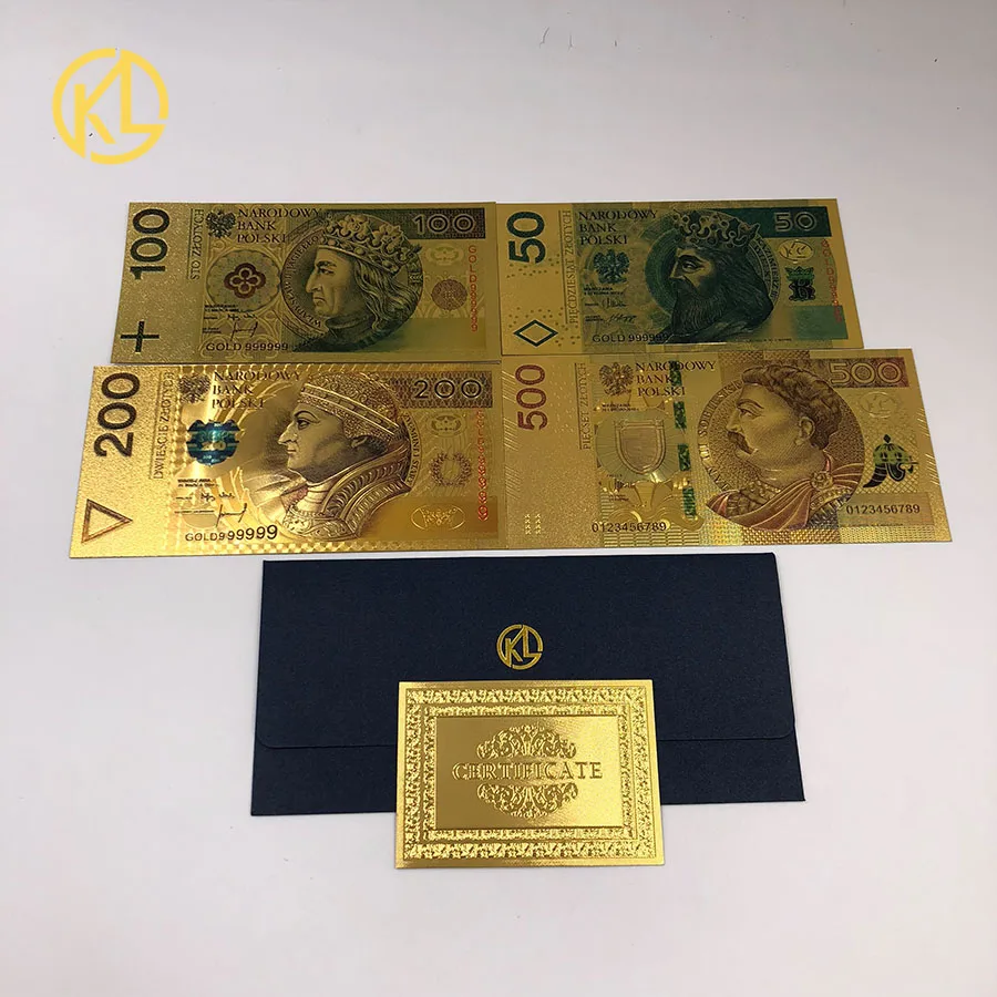 4pcs set 1 шт., крашеная 999,9 Золотая фольга, банкноты для денег, Польша, 10, 20, 50, 100, 200, 500 злотых, для деловых подарков и украшения дома - Цвет: 4pcs set