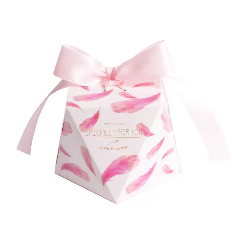 

50pcs Pink feather Candy Box with ribbon chocolate gift boxes wedding souvenirs gifts for guests wedding favors and gifts