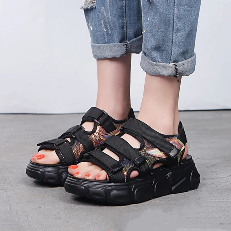 Женские сандалии сезон лето Hool &amp Loop черные пляжные женские дышащая парусиновая