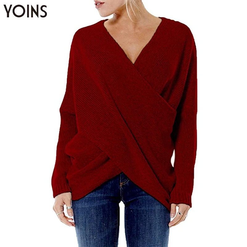 YOINS 2019 осень зима Женский свитер с v-образным вырезом и длинным рукавом Подол