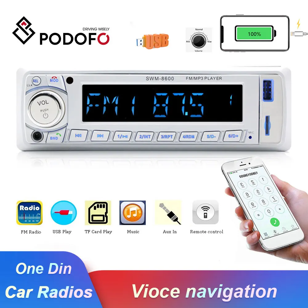 Podofo Авторадио 1 Din автомобильное радио 12 В аудио стерео Bluetooth MP3 плеер FM Радио Coche