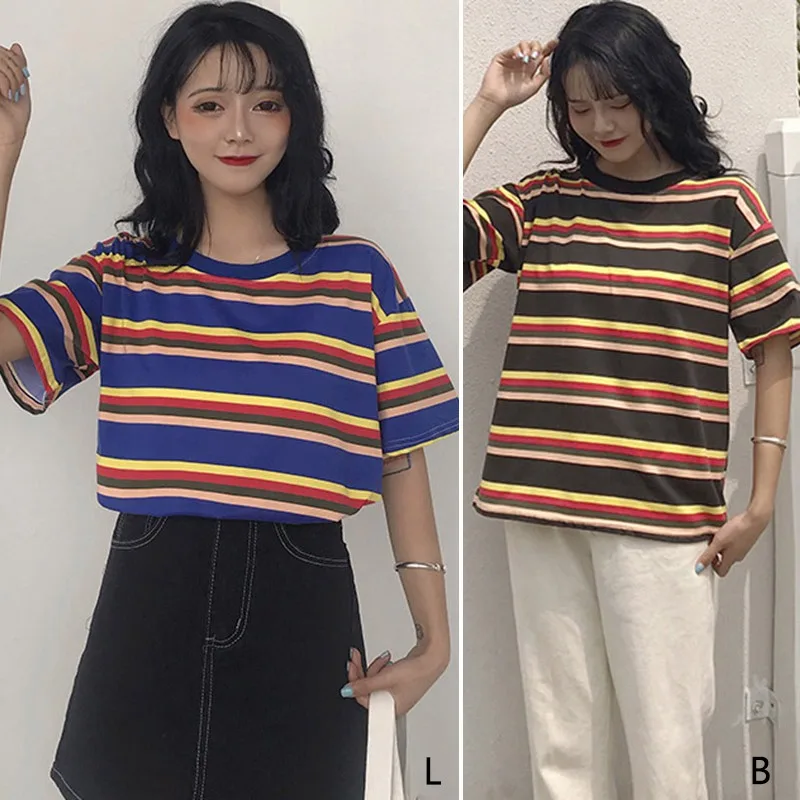 2019 Summer Stripe Printed T shirts Women Casual Loose tee shirt Harajuku O neck Short Sleeve Cozy Student Tee Tops femme|Футболки| |