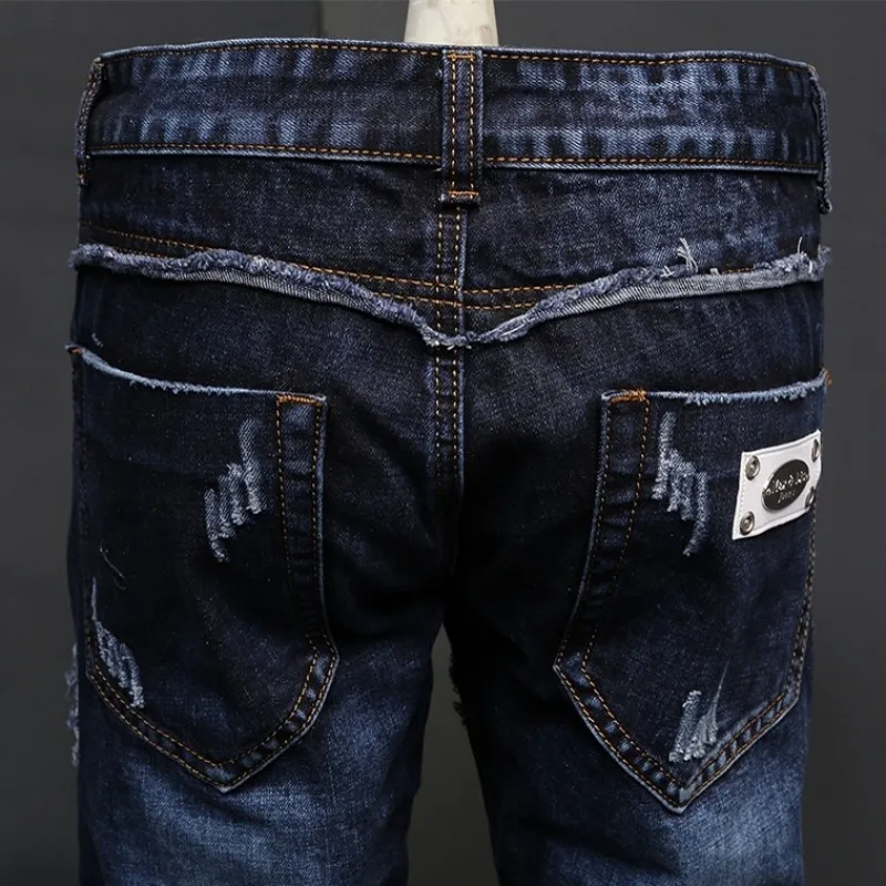 Брюки мужские джинсовые в стиле пэчворк классические модные облегающие потертые