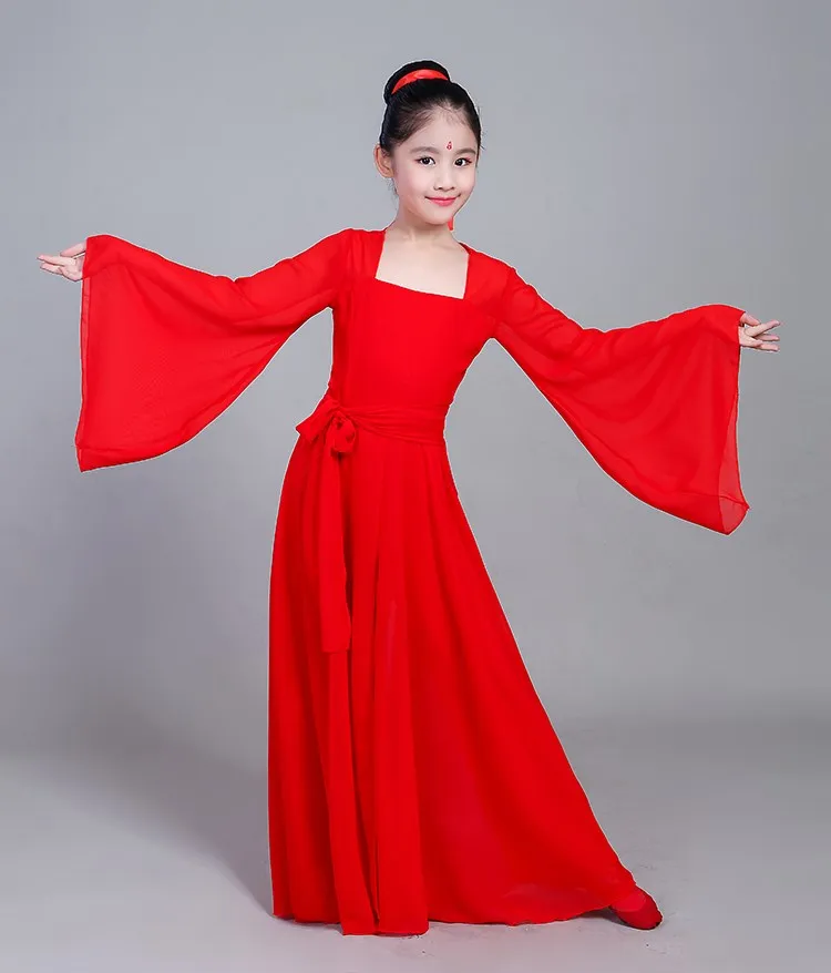 normal sleeves Китайские танцевальные костюмы для девочек, сценическая одежда Китайский Hanfu платье сценический костюм древний детский китайский костюм с водяными рукавами красного цвета - Цвет: normal sleeves