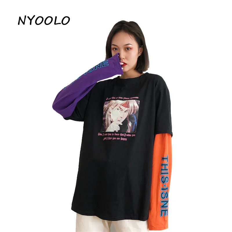 Футболка NYOOLO Harajuku с принтом аниме, 2 штуки, Лоскутная футболка, Повседневная Уличная футболка с длинным рукавом, женская одежда, топы, футболки