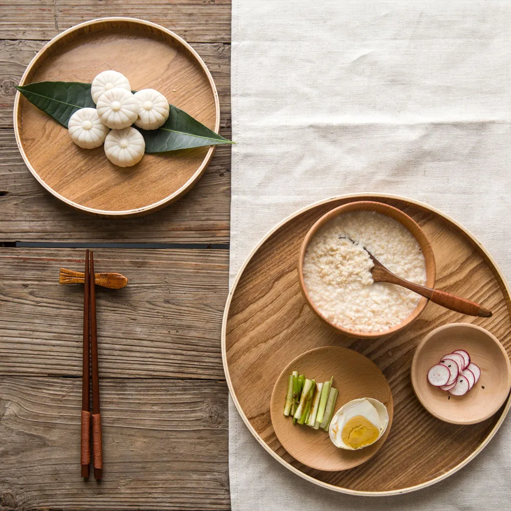 Ретро круглая ручная работа деревянная посуда для кофе чая фруктов поднос