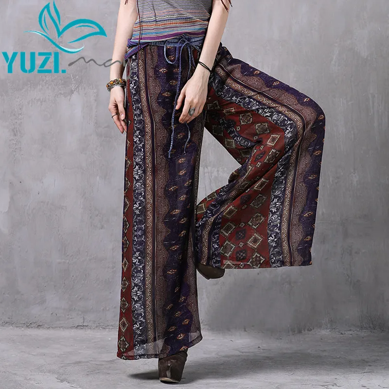 Брюки с широкими штанинами 2017 Yuzi.may Boho новые шифоновые брюки женские цветочным