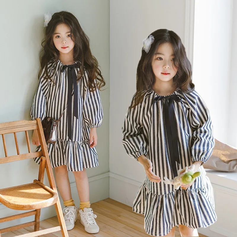 Ruffles Baby Toddler Girls Dress Spring 2019 New Black White Stripe Dresses for Little Cotton Kids Long Sleeve | Детская одежда и