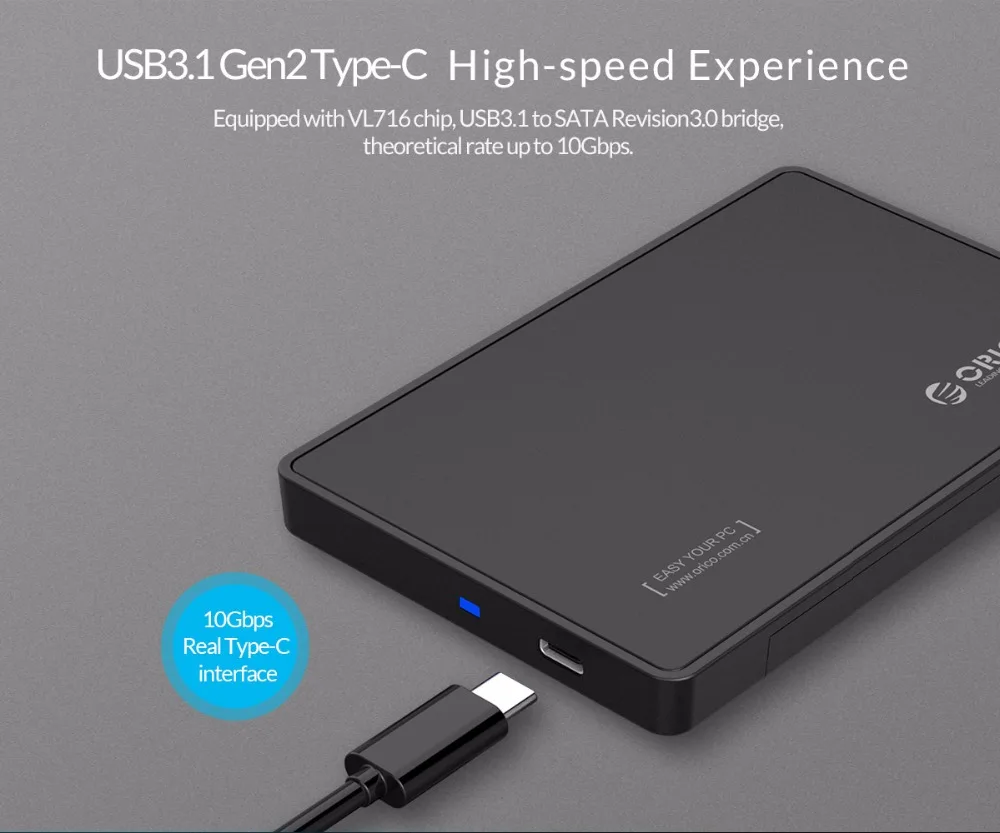Чехол ORICO HDD 2,5 дюйма type-C для жесткого диска USB 3,1 Gen2 10 Гбит/с Поддержка UASP для жесткого диска 9,5 мм-черный