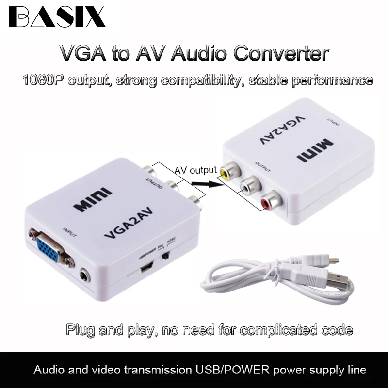 Преобразователь Basix 1080P VGA AV RCA с 3 5 мм аудио VGA2AV/CVBS адаптер для ПК к HD TV