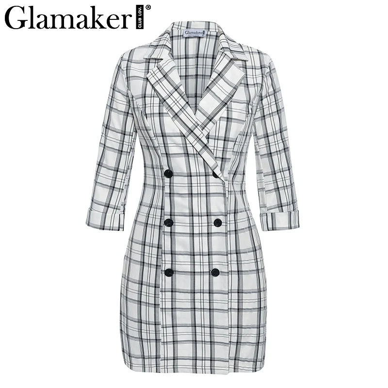 Черный Glamaker, сексуальный клетчатый офисный блейзер с глубоким v-образным вырезом, Женский Осенний двубортный Тренч, элегантное модное зимнее длинное пальто, платье - Цвет: Черный