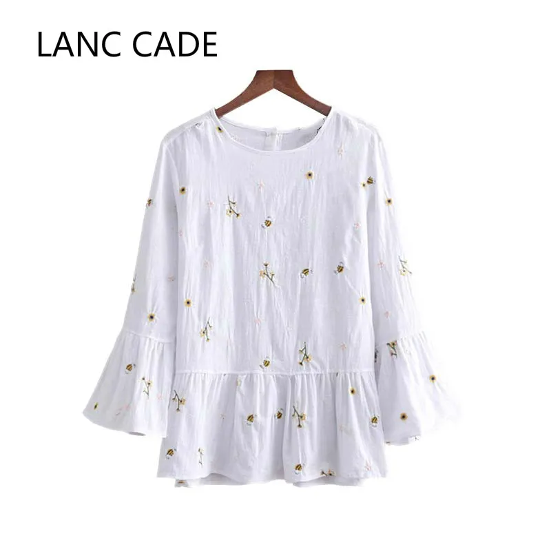 LANC CADE women sweet floral embroidery blouse flare sleeve O neck pleated shirts ladies summer chic fashion tops blusas |