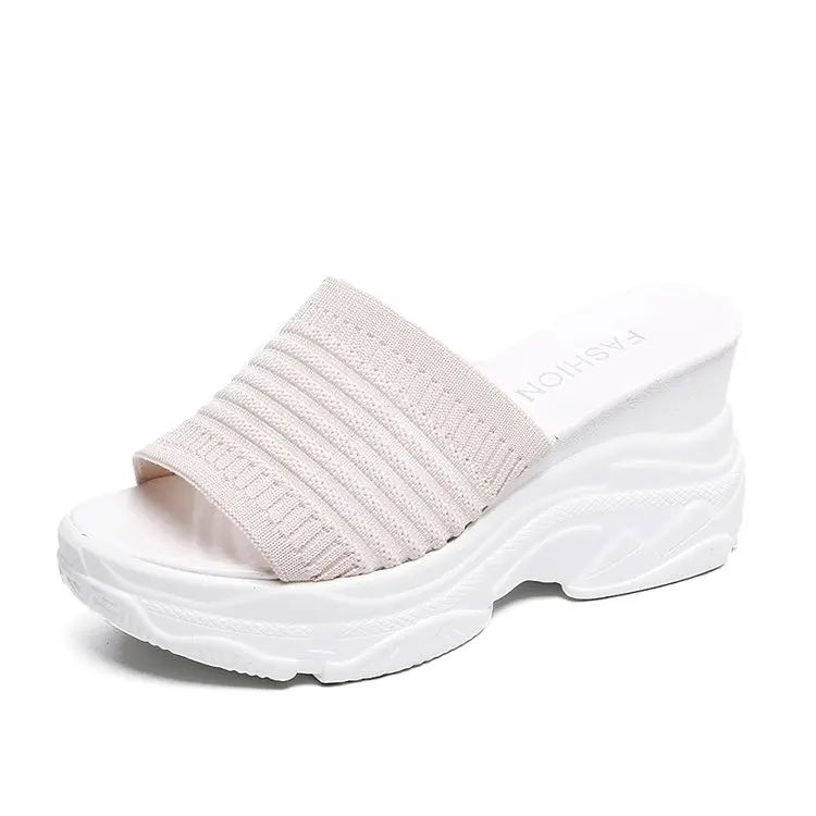 

Summer new thick bottom muffin bottom large size stripes pure color lady's slope heel leisure fashion knitted high heel slippers