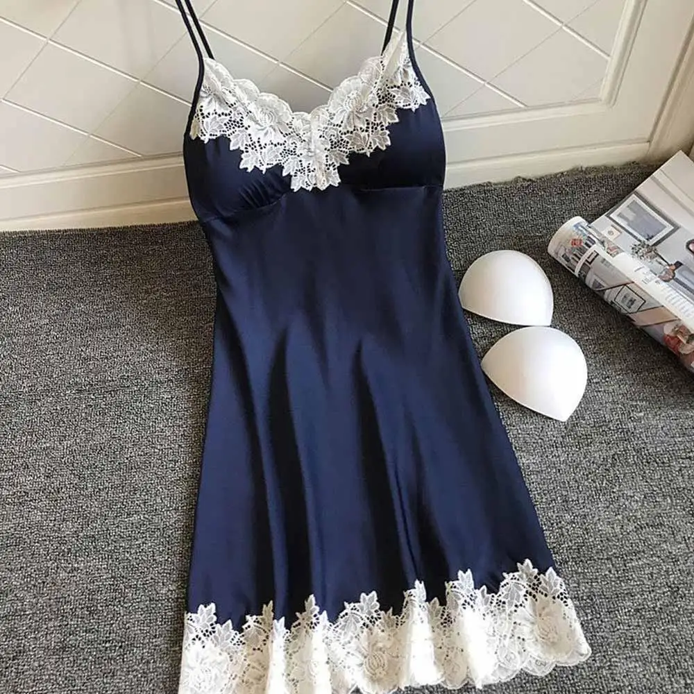 Dark Blue Сексуальное Ночное Платье размера плюс, платье для сна на бретельках, цветочное кружевное лоскутное ночное белье, ночное белье Nuisette, женское нижнее белье - Цвет: Dark Blue