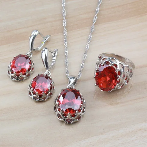 3PCS 925 серебряные свадебные 4 шт Ювелирные наборы для женщин костюм красный гранат, циркон висячие серьги/ожерелье/браслет и кольцо наборы - Окраска металла: 3PCS