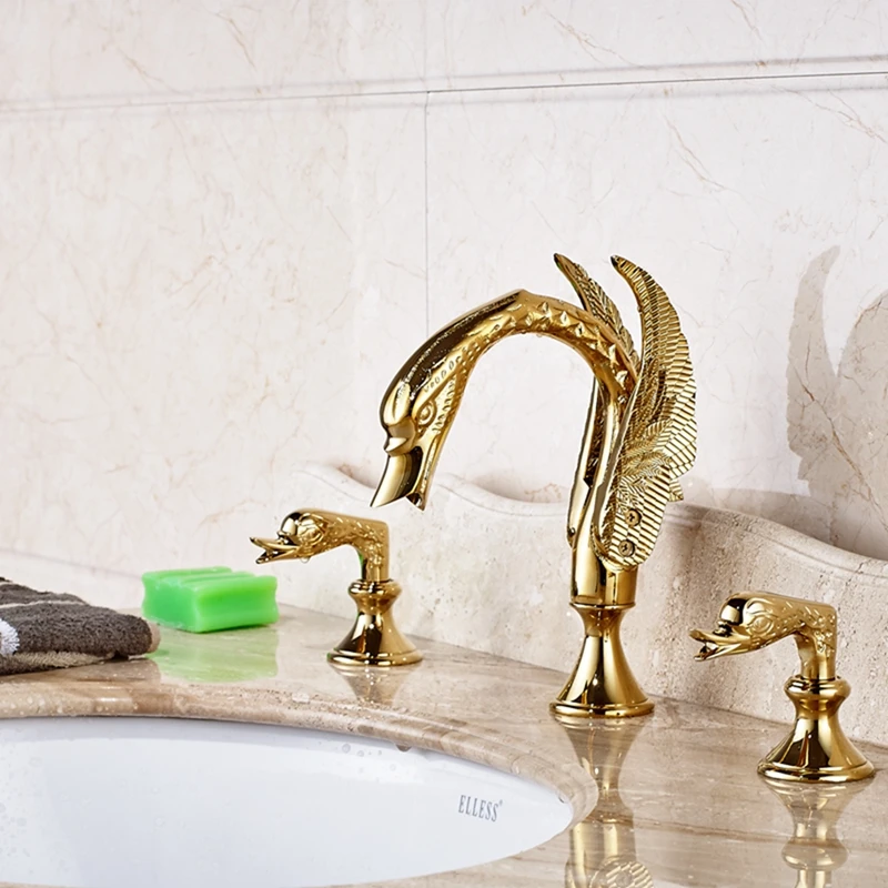 Роскошный золотой Латунный Кран с лебедем широкий 3 отверстия 2 ручки смеситель