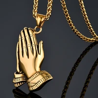 mens stainless steel jesus prayer pendant necklace gold color hiphop praying hands pendant 2 usage chain 20 26 colgante