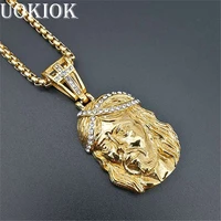 hip hop iced out bling jesus head necklace pendant for menwomen gold color stainless steel cross necklace christian jewelry