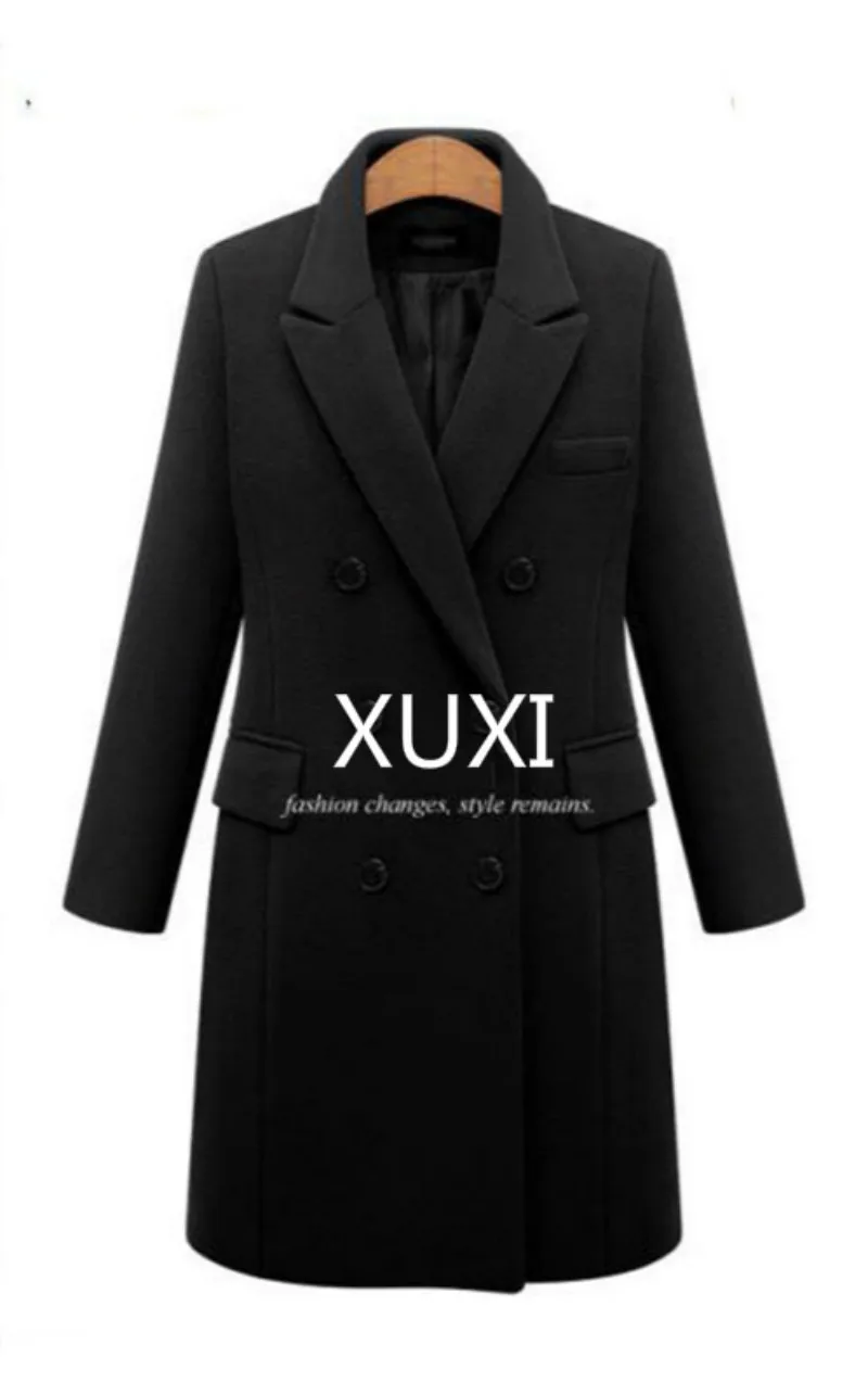 XUXI, женское осенне-зимнее пальто, повседневные шерстяные однотонные куртки, блейзеры, женское элегантное двубортное длинное пальто, Дамский Размер 5XL FZ244