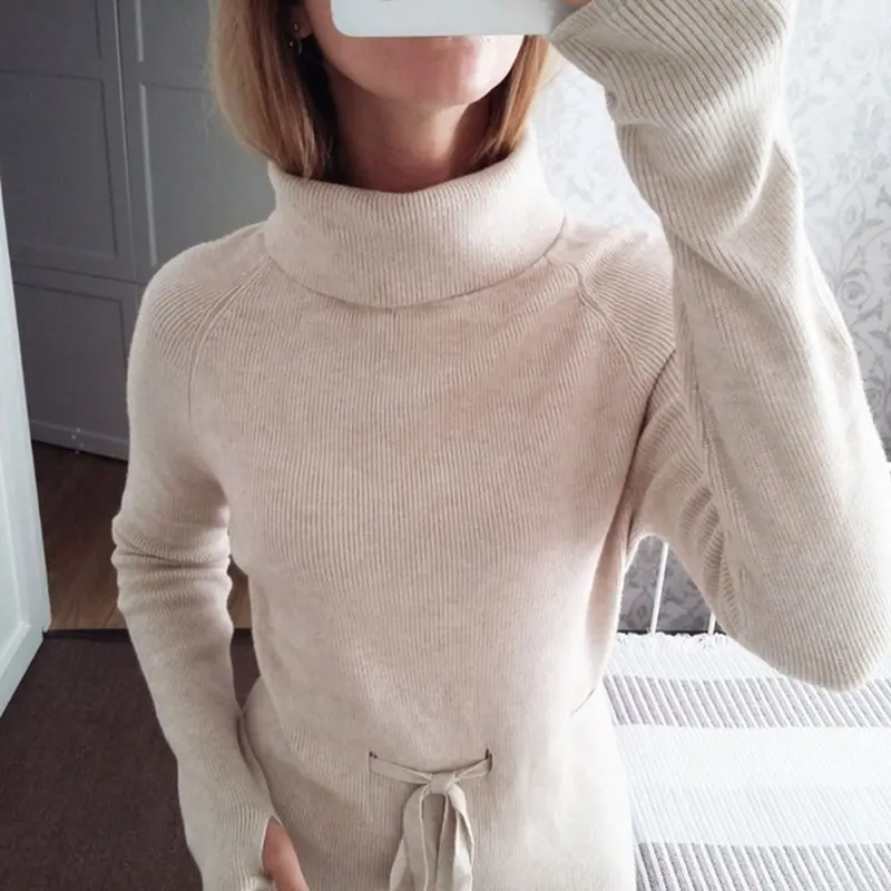 Женское осенне-зимнее платье, длинный рукав, водолазка, пуловер, свитер, платья с отверстием для большого пальца, эластичное трикотажное платье