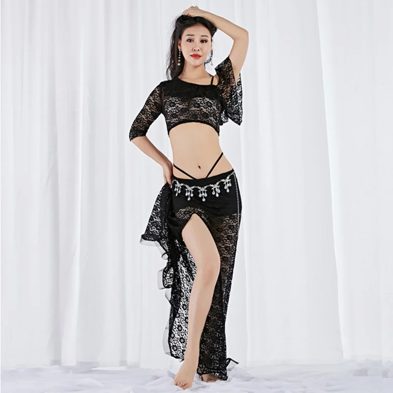 2 Pieces Women Belly Dance Costume Lace Top Long Skirt Sexy Outfits Dancewear Elastic Off shoulder Dancing Clothes Dancer Wear