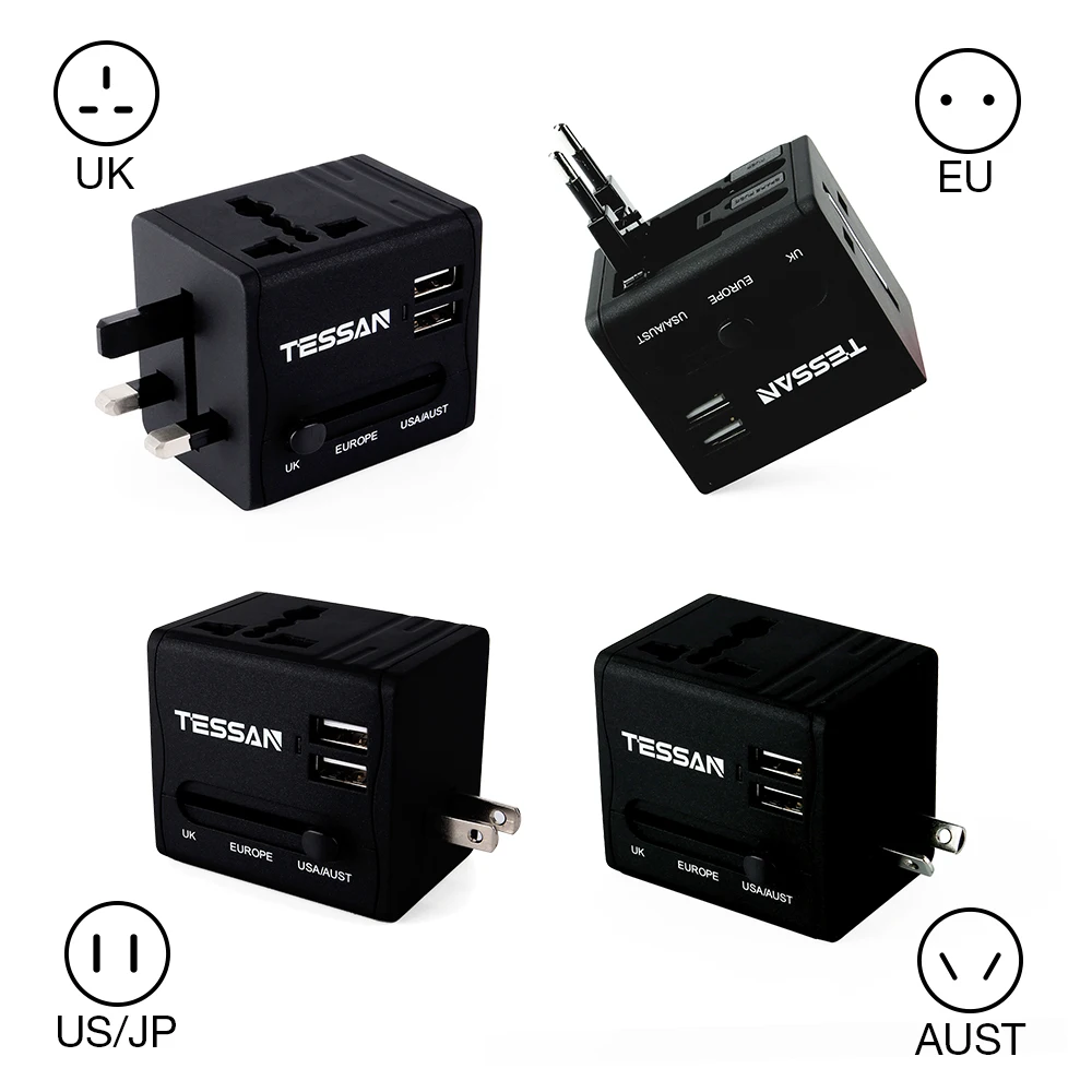 TESSAN все-в-одном Международный адаптер штепсельной вилки 3USB/2USB порты Tpye-C 3,0 порт-Универсальный адаптер переменного тока для США/ЕС/Австралии/Великобритании