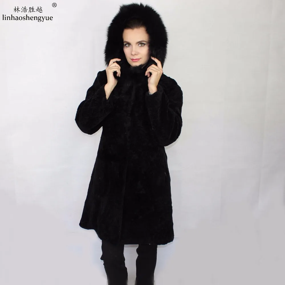 Linhaoshengyue 100cm Fashion Ladies Sheep Cut Long Cap  Coat  Cap with Fox Fur Collar  Freeshipping