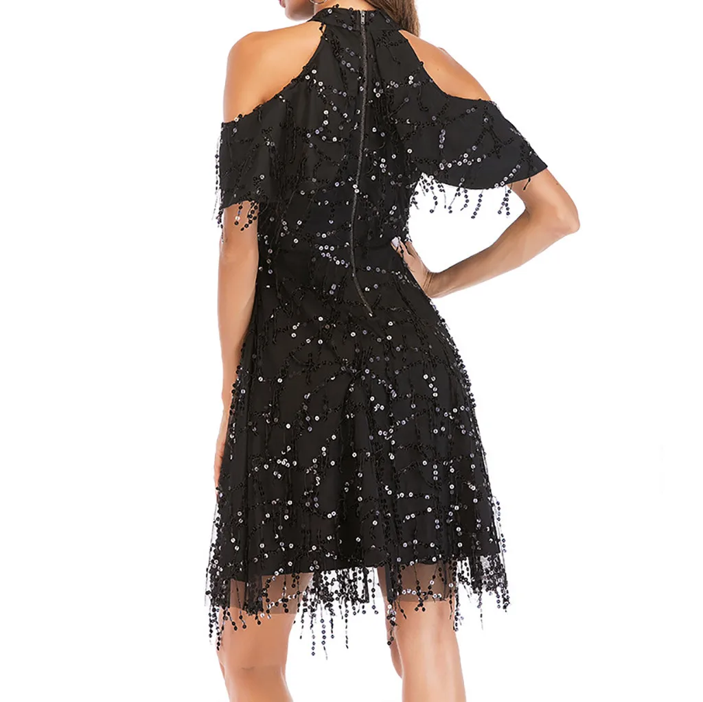 Блестящее мини платье с подвесным воротником и блестками популярное сценическое