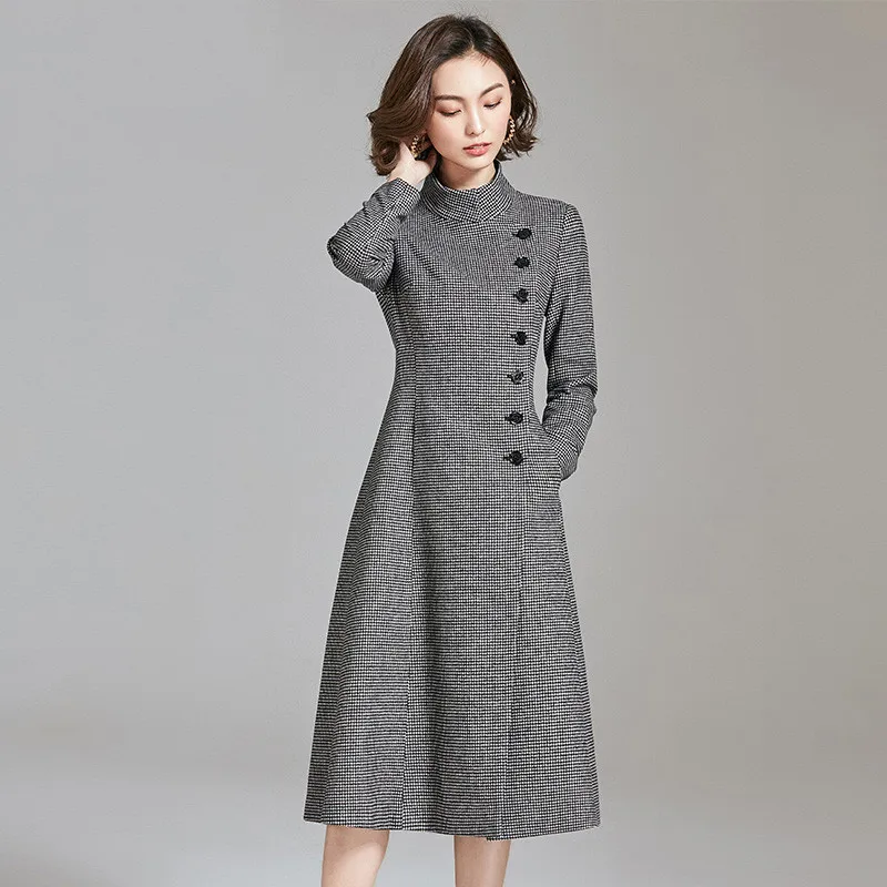 Осенне-зимняя женская верхняя одежда 2018 новый пестрый женский шерстяной пальто однобортное средней длины тонкое крупный размер женщины cw390.