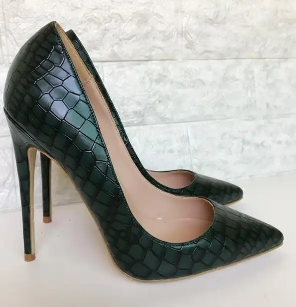 

Kaeve Dark Green Leather New Spring High Heel Women Pointed Toe Lady Shoes Stone Pattern Work Pump Wedding Shoes Party Pumps