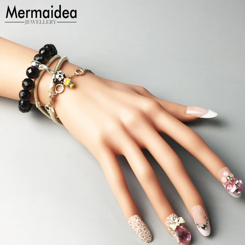 Подвеска на браслет с черными бусинами из оникса новинка 2020 Посеребренная